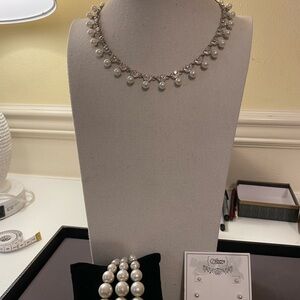 Pearl and Crystal Drop Necklace, Bracelet and earrings